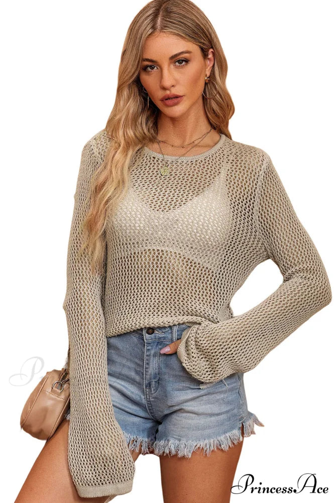 Long Khaki Arm Top Hollow-out Knit with Detail
