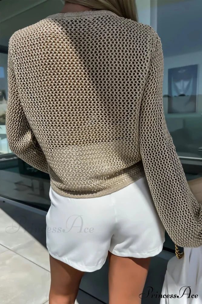 Long Khaki Arm Top Hollow-out Knit with Detail