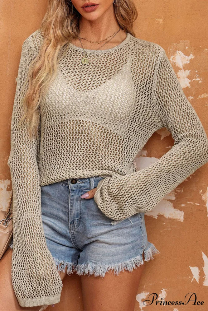 Long Khaki Arm Top Hollow-out Knit with Detail