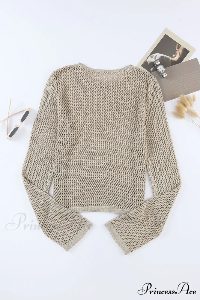Long Khaki Arm Top Hollow-out Knit with Detail
