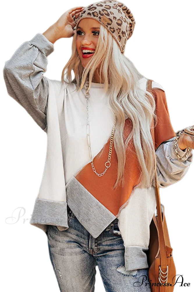 Long Khaki Irregular Arm Colorblock Stitching Hem Blouse