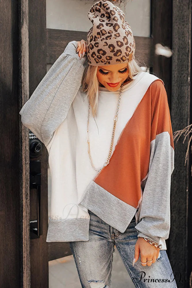 Long Khaki Irregular Arm Colorblock Stitching Hem Blouse