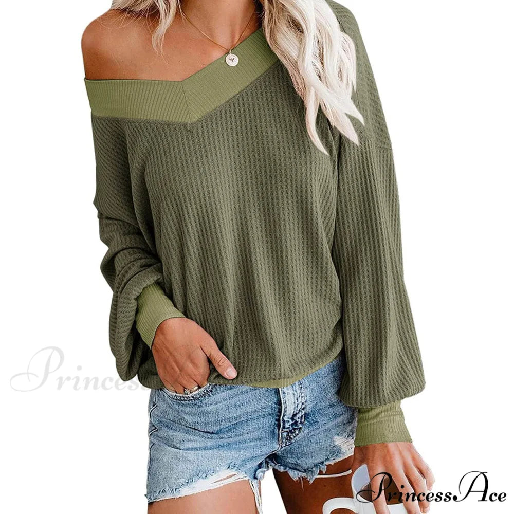 Long Knit Oversized Arm Top Off V Shoulder Women’s Neck Waffle Sweater Army Green / S