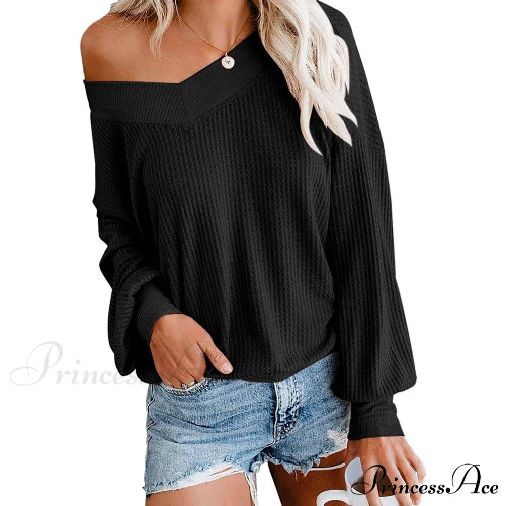 Long Knit Oversized Arm Top Off V Shoulder Women’s Neck Waffle Sweater Black / S