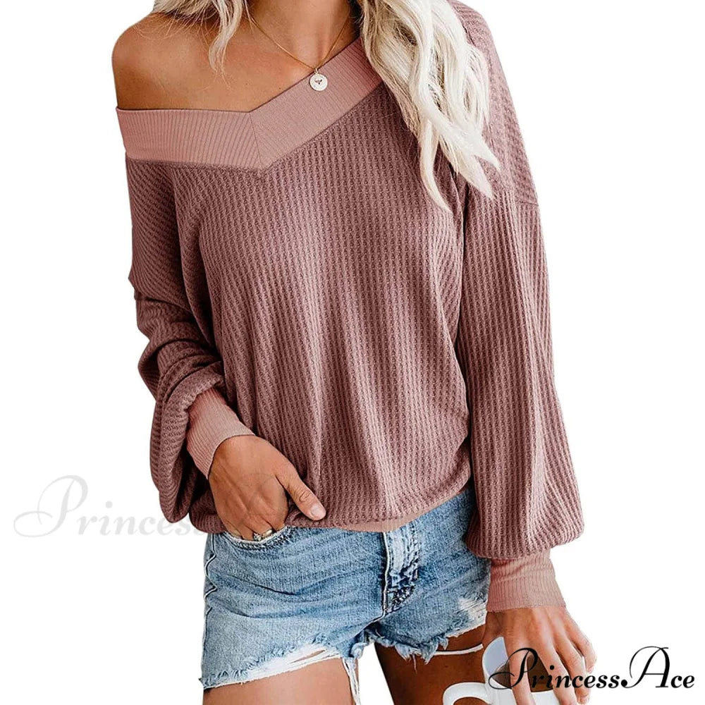 Long Knit Oversized Arm Top Off V Shoulder Women’s Neck Waffle Sweater Mauve / S