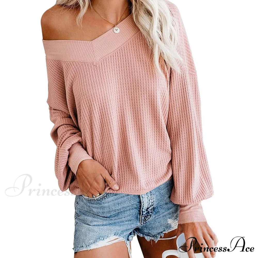 Long Knit Oversized Arm Top Off V Shoulder Women’s Neck Waffle Sweater Pink / S