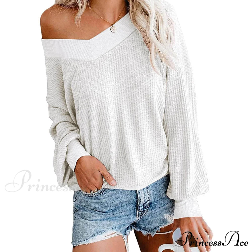 Long Knit Oversized Arm Top Off V Shoulder Women’s Neck Waffle Sweater White / S