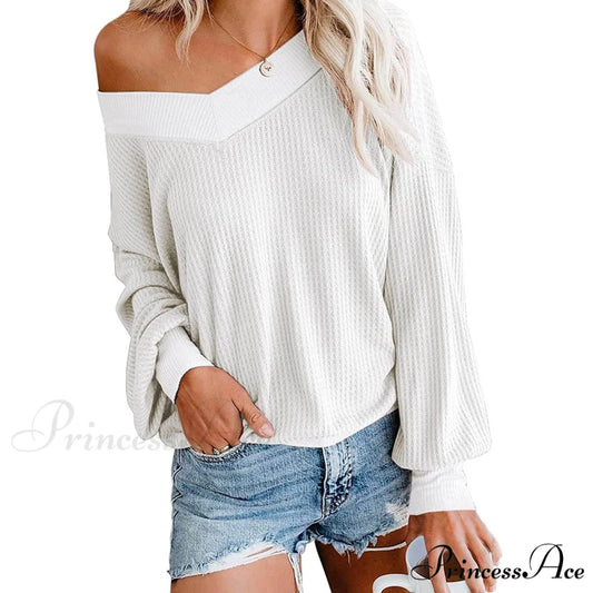 Long Knit Oversized Arm Top Off V Shoulder Women’s Neck Waffle Sweater White / S