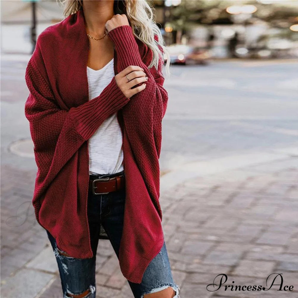 Long Knit Pocket Coat Female Casual Bat Sleeve Cardigan
