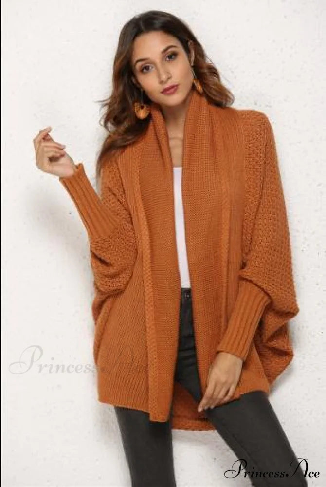Long Knit Pocket Coat Female Casual Bat Sleeve Cardigan Auburn / S