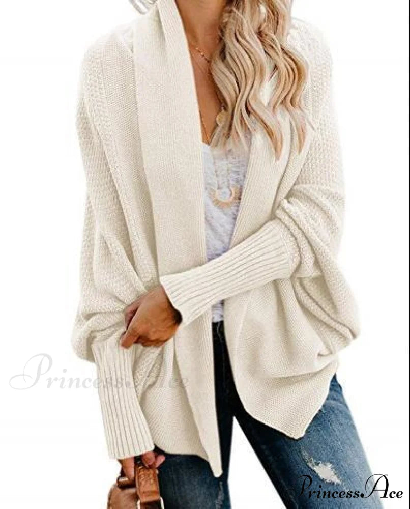 Long Knit Pocket Coat Female Casual Bat Sleeve Cardigan Beige / S