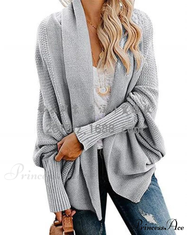 Long Knit Pocket Coat Female Casual Bat Sleeve Cardigan Gray / S