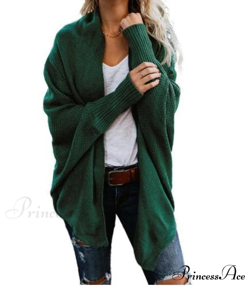 Long Knit Pocket Coat Female Casual Bat Sleeve Cardigan Green / S