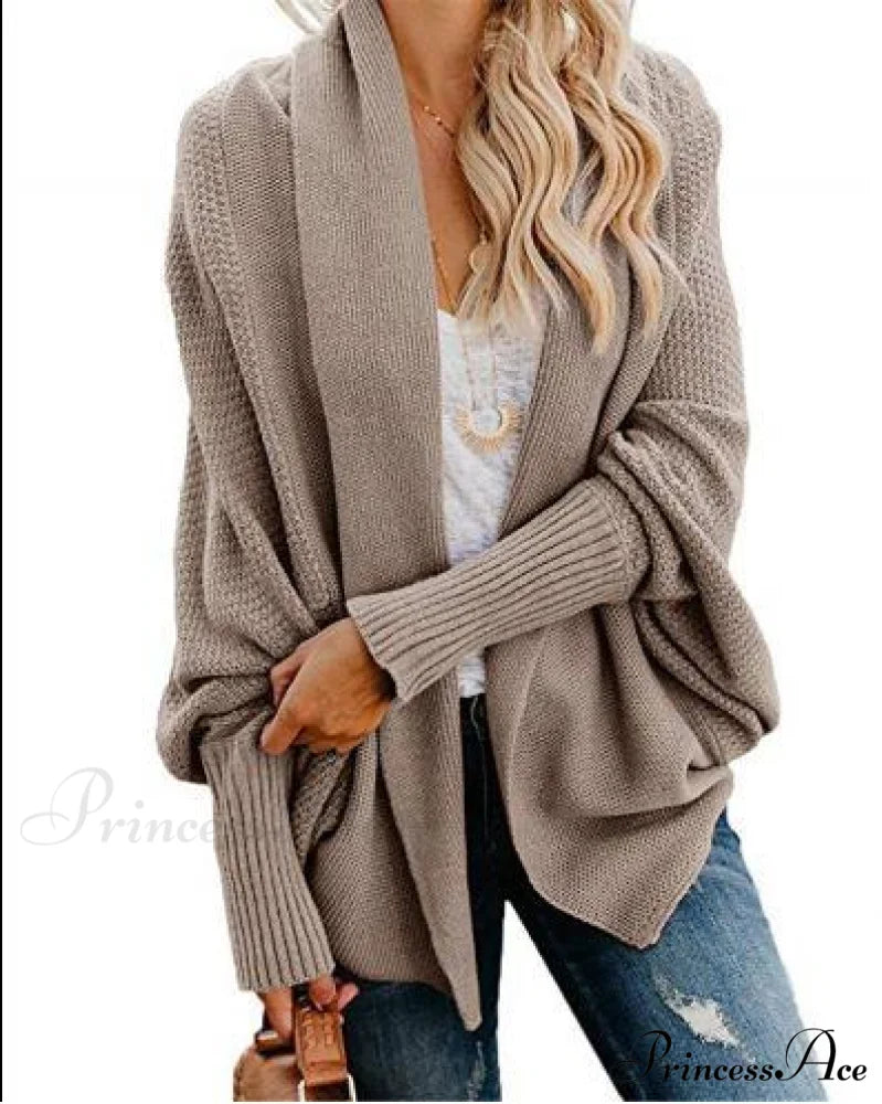 Long Knit Pocket Coat Female Casual Bat Sleeve Cardigan Khaki / S