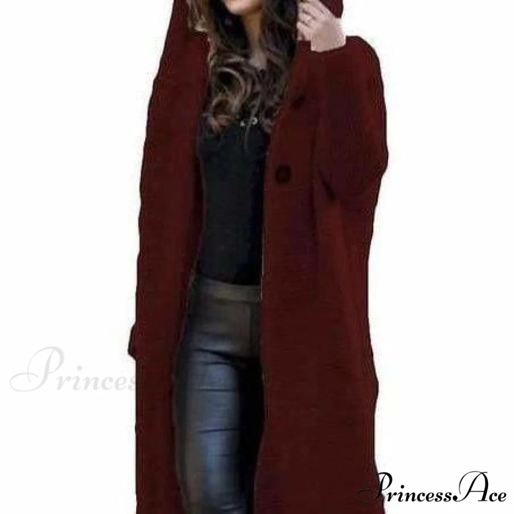 Long Knitted Coat Wine Red / S