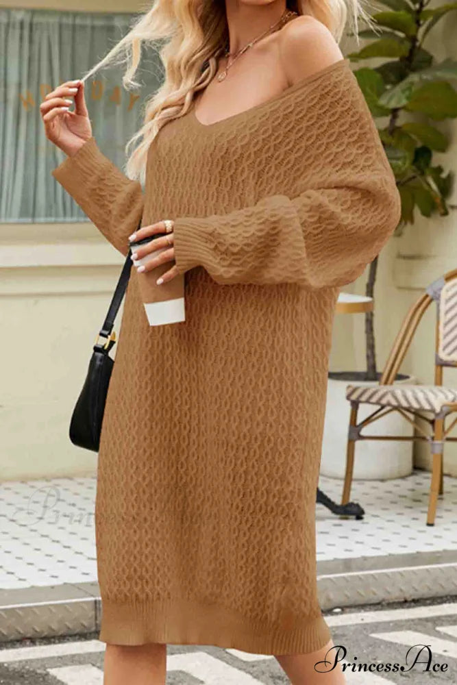 Long Knitted Sweater Dress in Solid Color Camel / M