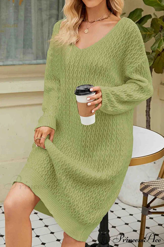 Long Knitted Sweater Dress in Solid Color Green / L