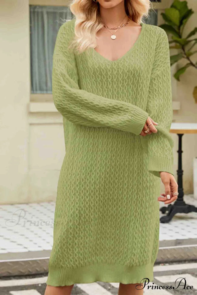 Long Knitted Sweater Dress in Solid Color Green / S