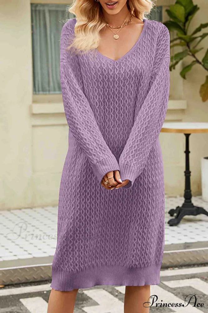 Long Knitted Sweater Dress in Solid Color Purple / M