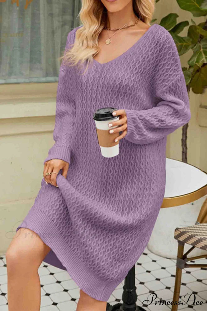 Long Knitted Sweater Dress in Solid Color Purple / S