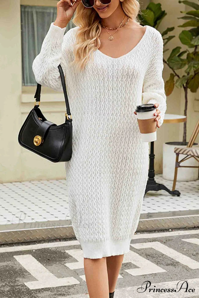 Long Knitted Sweater Dress in Solid Color White / L