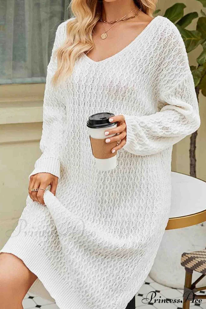 Long Knitted Sweater Dress in Solid Color White / M