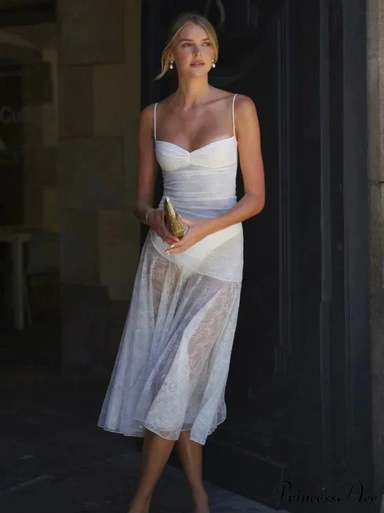 Long Lace Pleated A-line Holiday Dress White / S vacationdress-250223