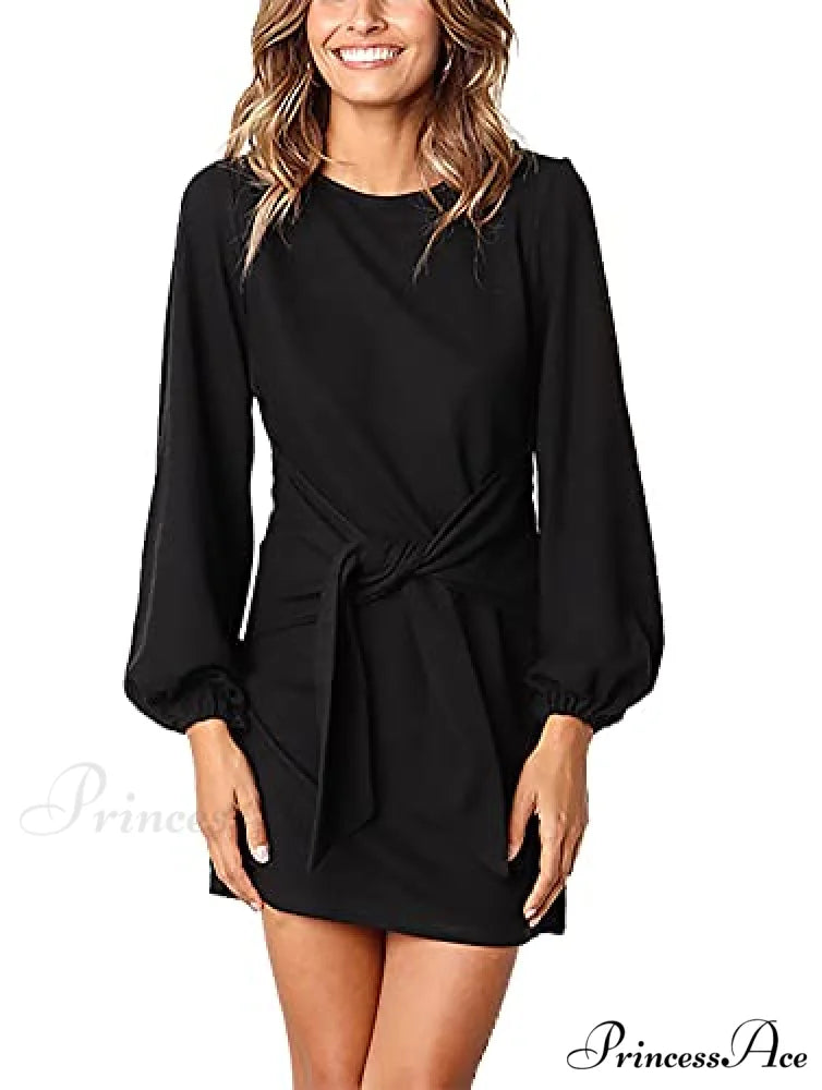 Long Lantern Sleeve Short Crewneck Tie Waist Knit Dress