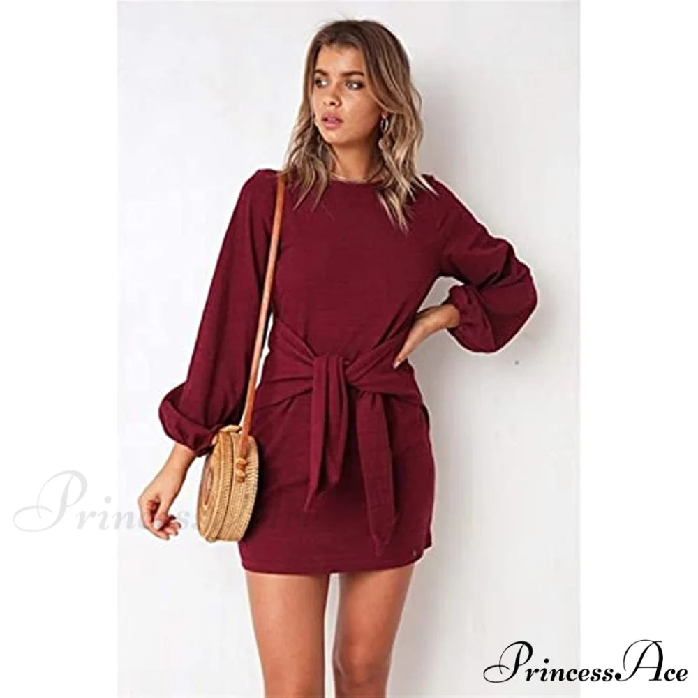 Long Lantern Sleeve Short Crewneck Tie Waist Knit Dress