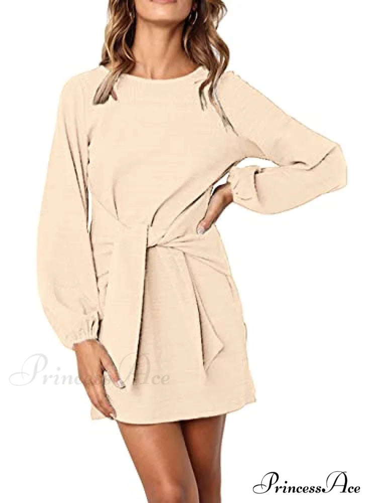Long Lantern Sleeve Short Crewneck Tie Waist Knit Dress