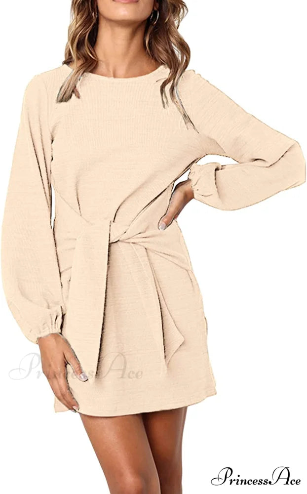 Long Lantern Sleeve Short Crewneck Tie Waist Knit Dress Apricot / Small