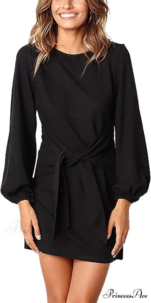 Long Lantern Sleeve Short Crewneck Tie Waist Knit Dress Black / Small