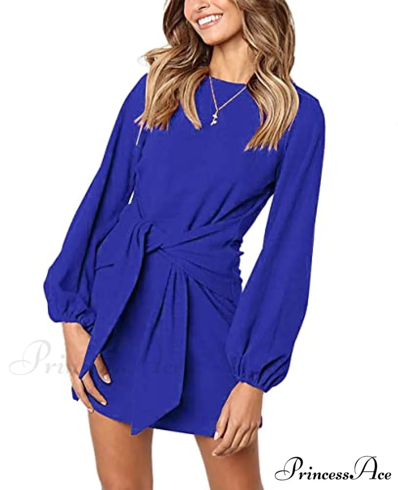 Long Lantern Sleeve Short Crewneck Tie Waist Knit Dress Blue / Small
