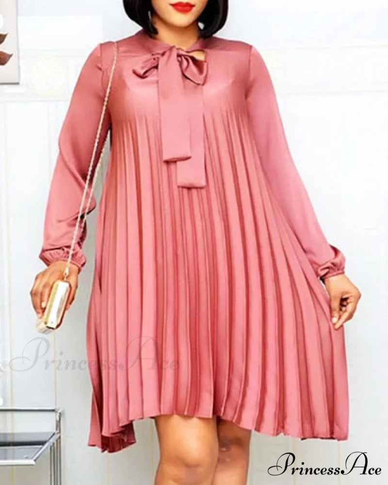 Long Lantern Sleeves Knee Length Fashion Dresses Pink / M