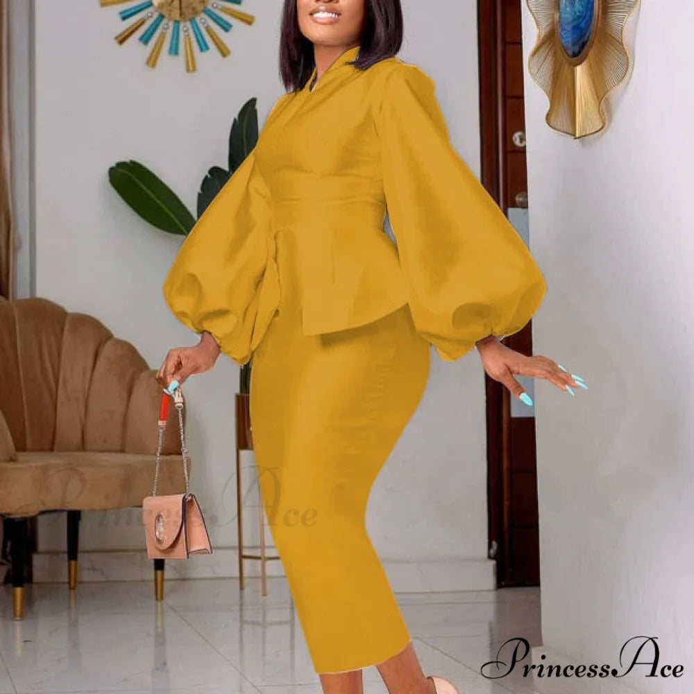 Long Lantern V Neck Bodycon Dress Yellow / S