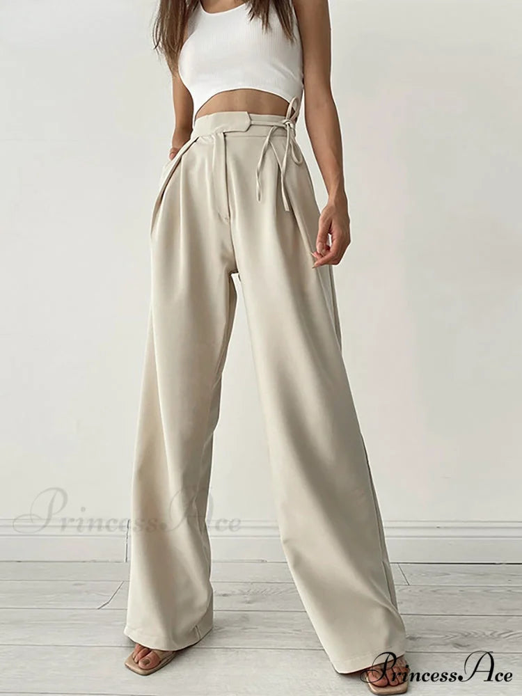 Long Loose Straight Casual Drawstring Sport Trousers Apricot / S