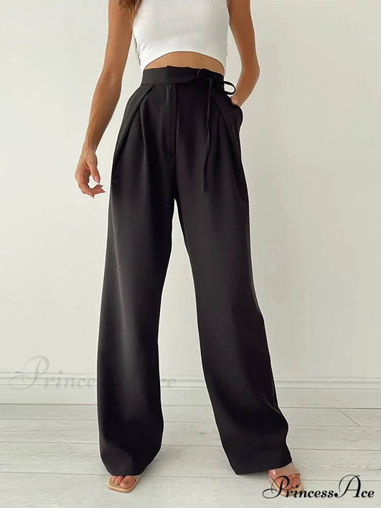 Long Loose Straight Casual Drawstring Sport Trousers Black / S