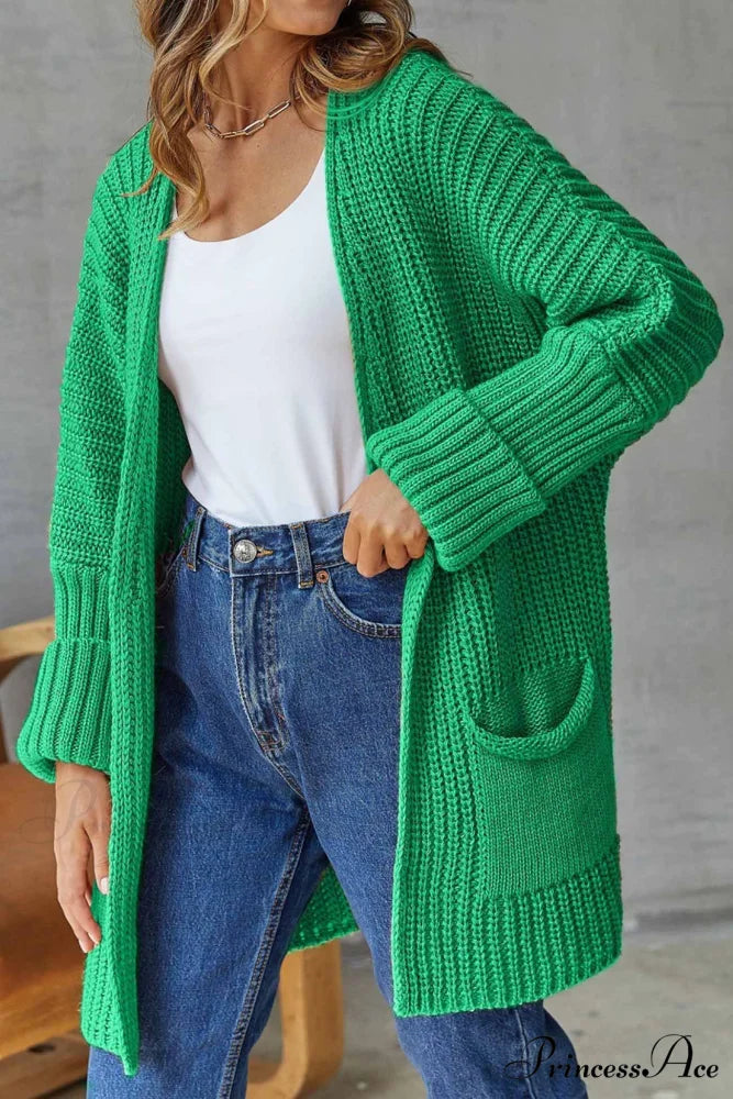 Long Open Front Cardigan Green / L
