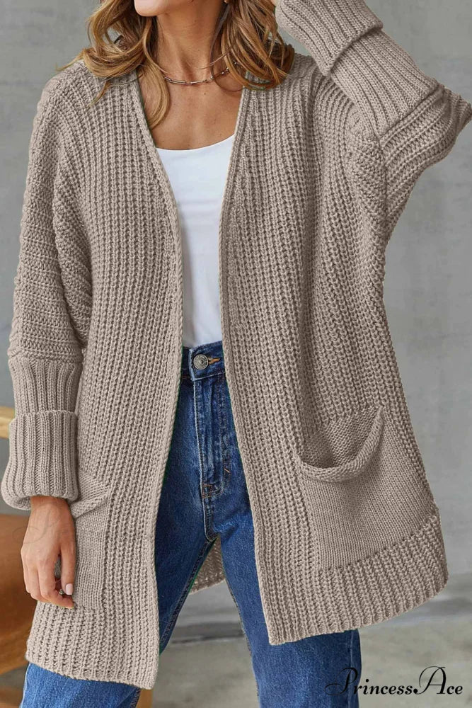 Long Open Front Cardigan Khaki / S