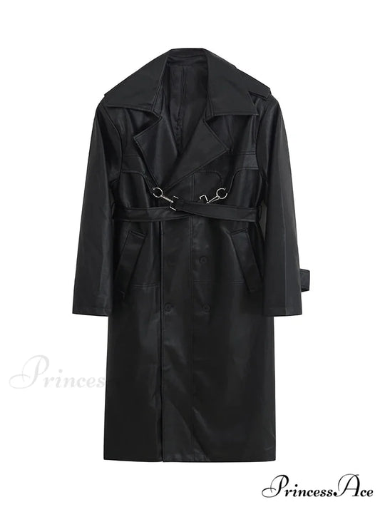 Long Oversized Black Brown Pu Leather Double Breasted Loose Luxury Designer Stylish Coat