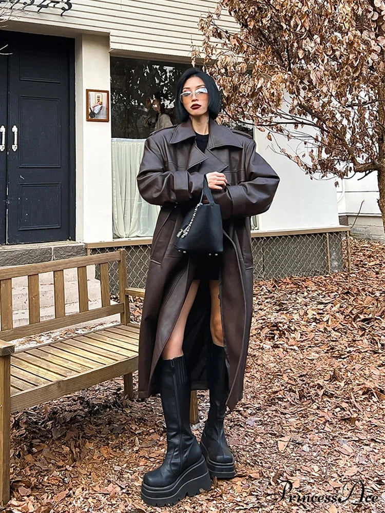 Long Oversized Black Brown Pu Leather Double Breasted Loose Luxury Designer Stylish Coat Brown / S