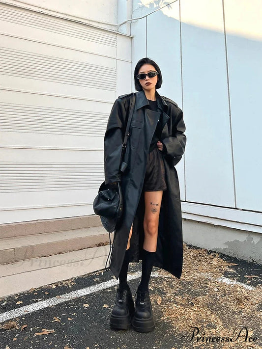 Long Oversized Black Brown Pu Leather Double Breasted Loose Luxury Designer Stylish Coat Black / S