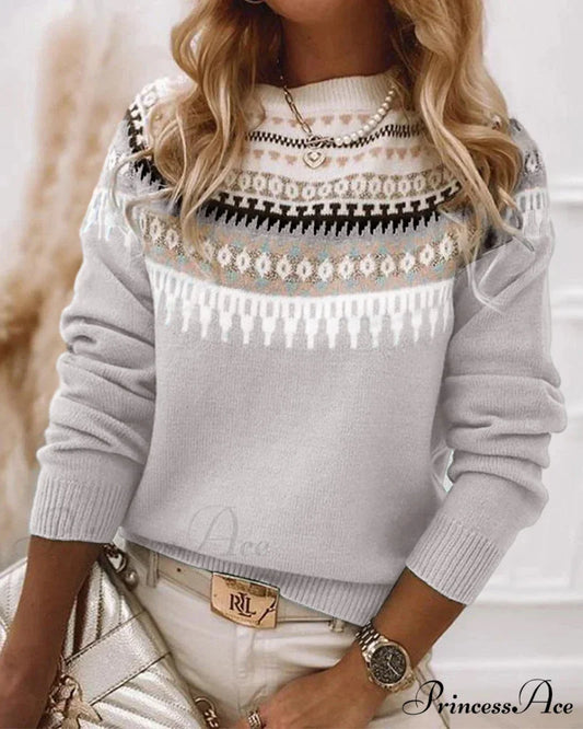 Long Patterned Arm Pullover Sweaters Gray / S