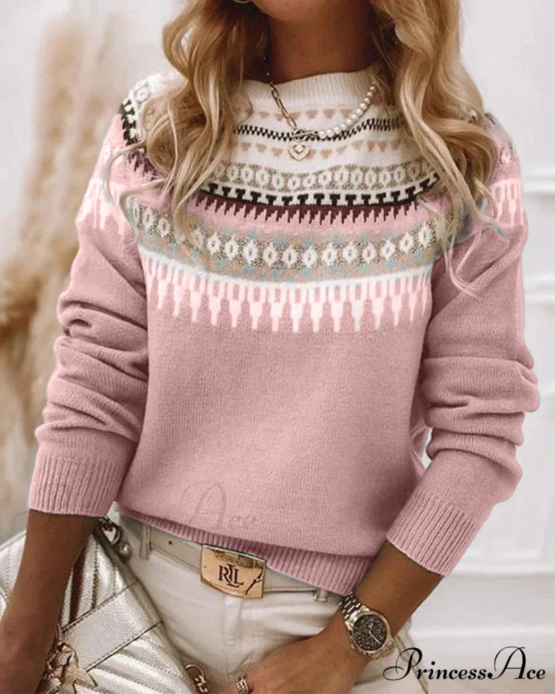 Long Patterned Arm Pullover Sweaters Pink / S