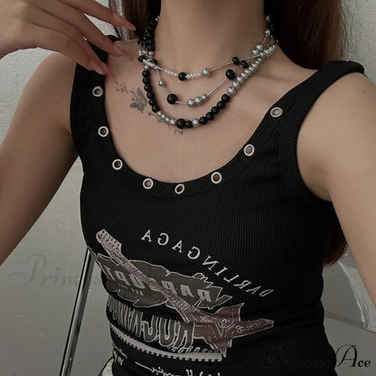 Long Pearl Layered Choker Necklace BLACK