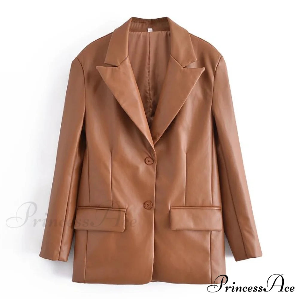 Long PU Faux Leather Blazers Brown / XS