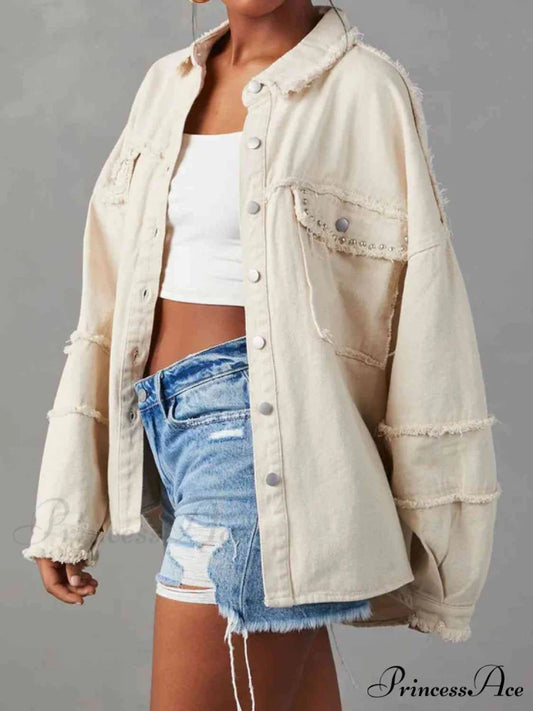 Long Raw Down Arm Denim Top Hem Button Jacket Ivory / S