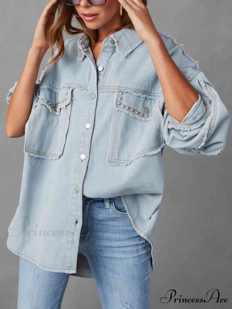 Long Raw Down Arm Denim Top Hem Button Jacket Misty Blue / S