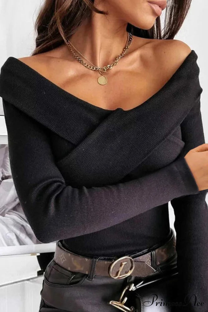 Long Ribbed Arm Knit Crisscross Top Black / S