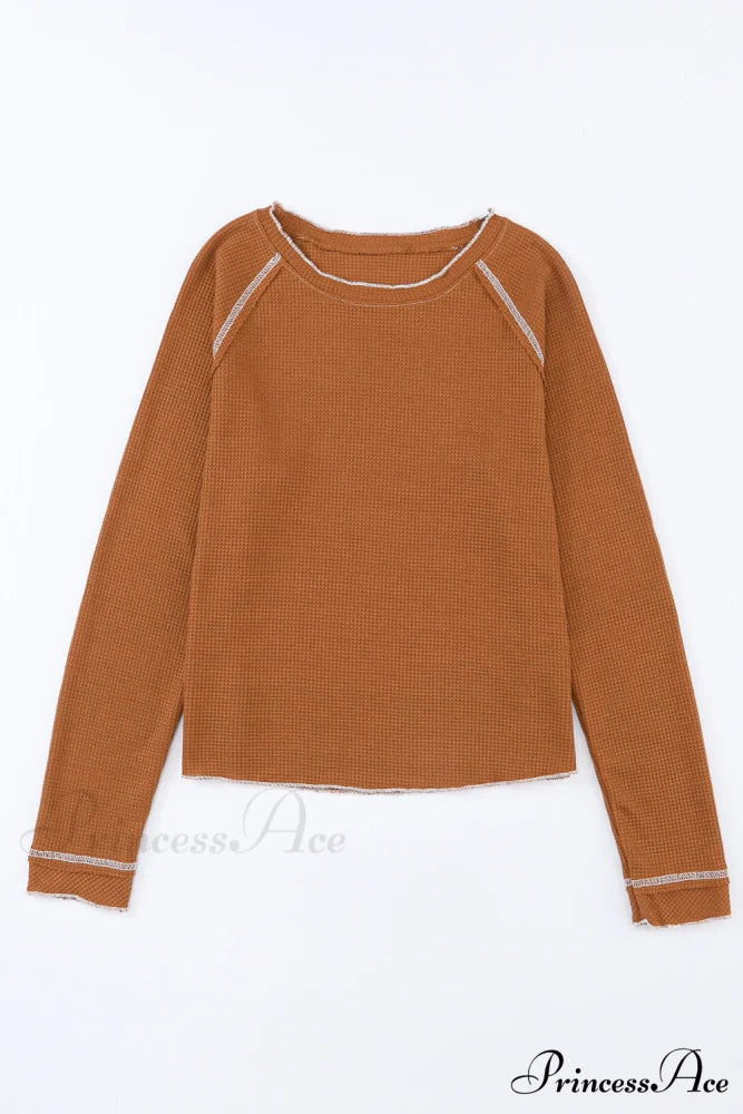 Long Round Arm Neck Brown Textured Top